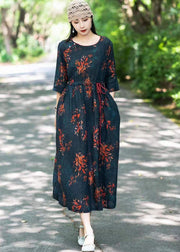 Black Print Patchwork Linen Long Dresses O Neck Drawstring Summer