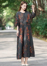 Black Print Patchwork Long Linen Dresses O Neck Wrinkled Summer