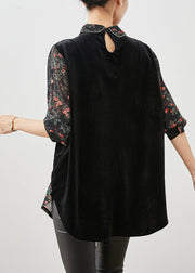 Black Print Patchwork Silk Velour Fake Two Piece Shirt Spring