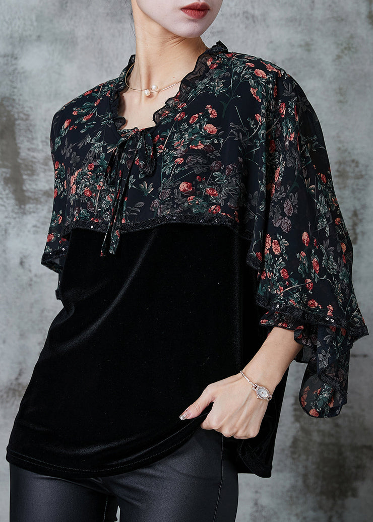 Black Print Patchwork Silk Velour Top Ruffled Cloak Sleeves