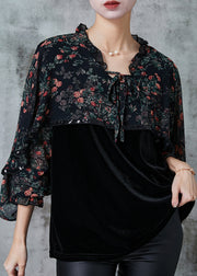 Black Print Patchwork Silk Velour Top Ruffled Cloak Sleeves