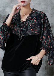 Black Print Patchwork Silk Velour Top Ruffled Cloak Sleeves