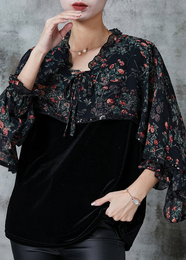 Black Print Patchwork Silk Velour Top Ruffled Cloak Sleeves