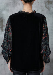 Black Print Patchwork Silk Velour Top Ruffled Cloak Sleeves