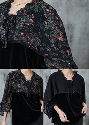 Black Print Patchwork Silk Velour Top Ruffled Cloak Sleeves