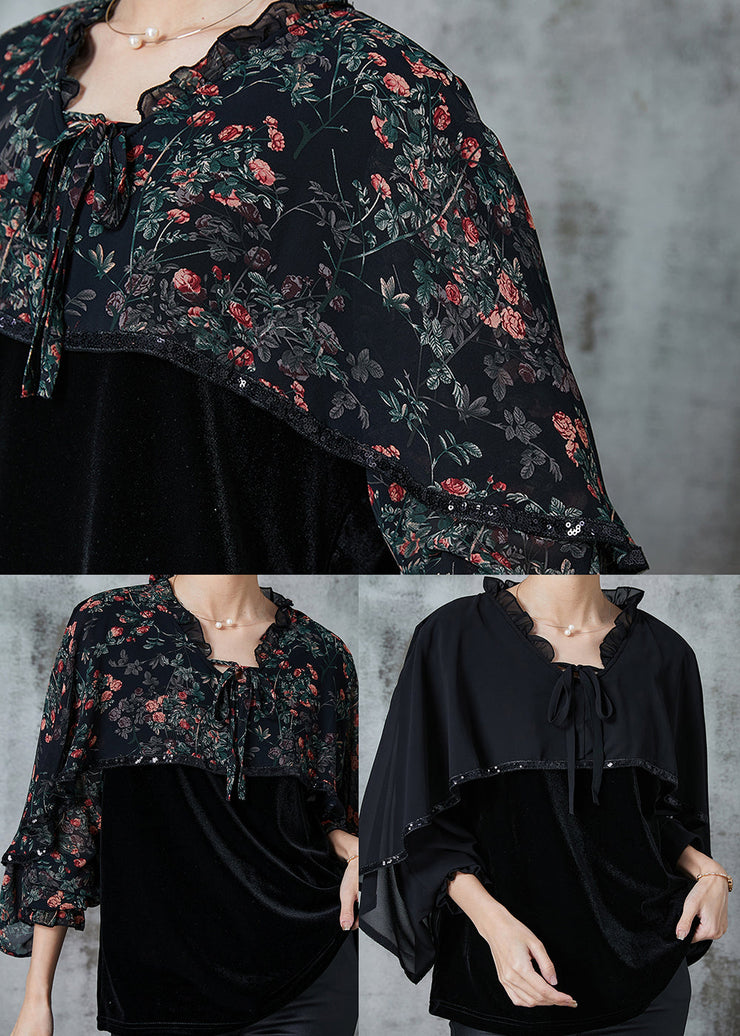 Black Print Patchwork Silk Velour Top Ruffled Cloak Sleeves