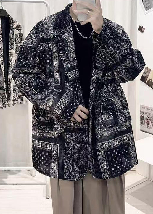 Black Print Pockets Corduroy Men Coat Peter Pan Collar Spring