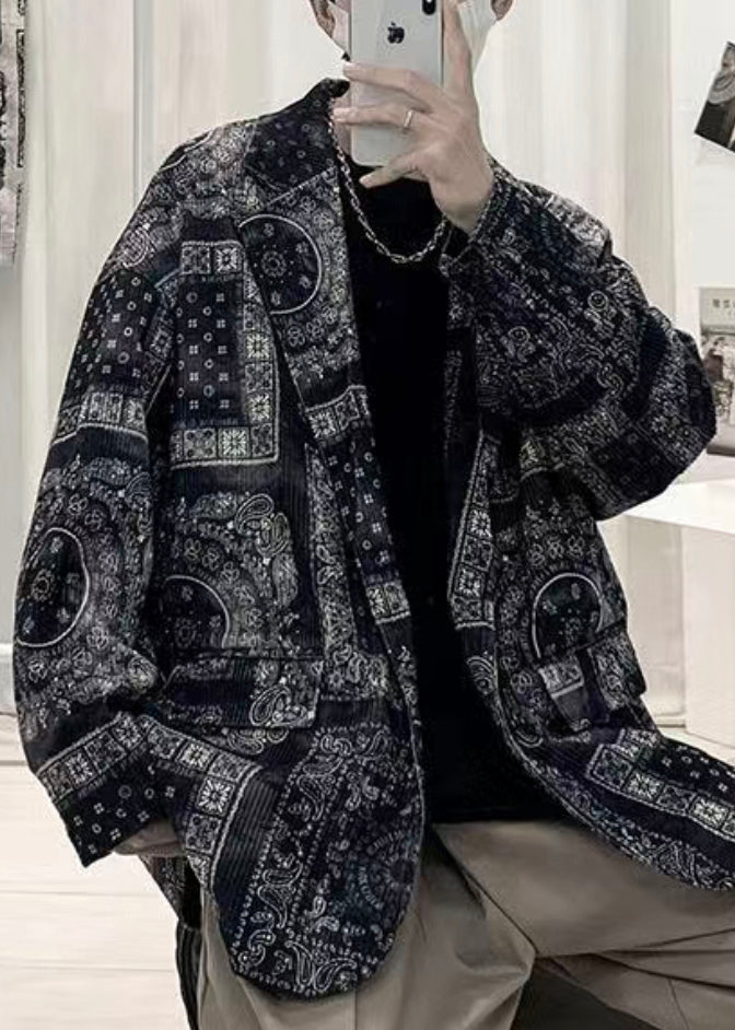 Black Print Pockets Corduroy Men Coat Peter Pan Collar Spring