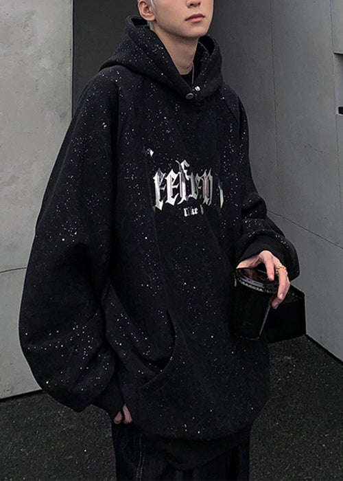 Black Print Sequins Pockets Cotton Men Sweatshirt Hooded Spring