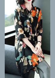 Black-purple flower Print Silk Long Blouse Tops Peter Pan Collar Button Half Sleeve