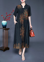 Black Print Silk Long Dress Oversized Pocket Summer