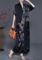 Black Print Silk Maxi Dress Asymmetrical Spring