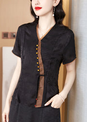 Black Print Silk Shirt V Neck Short Sleeve