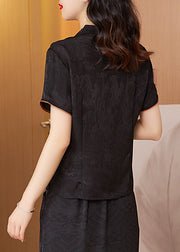Black Print Silk Shirt V Neck Short Sleeve