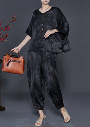 Black Print Silk Two Piece Set Women Clothing Oversized Summer