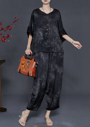 Black Print Silk Two Piece Set Women Clothing Oversized Summer