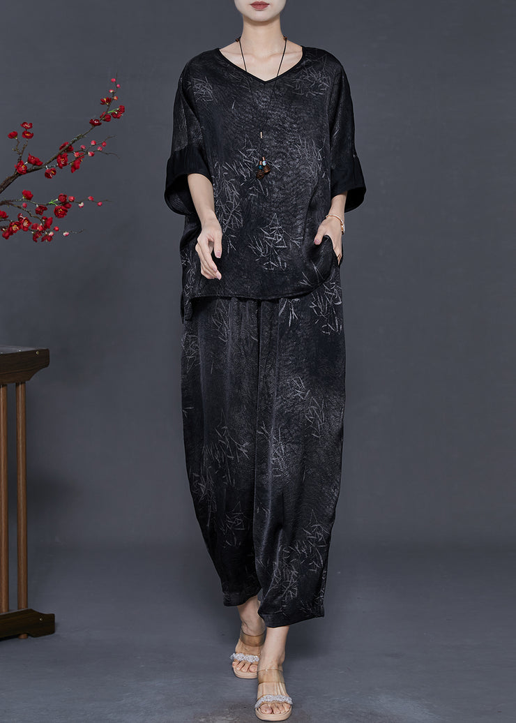 Black Print Silk Two Piece Set Women Clothing Oversized Summer