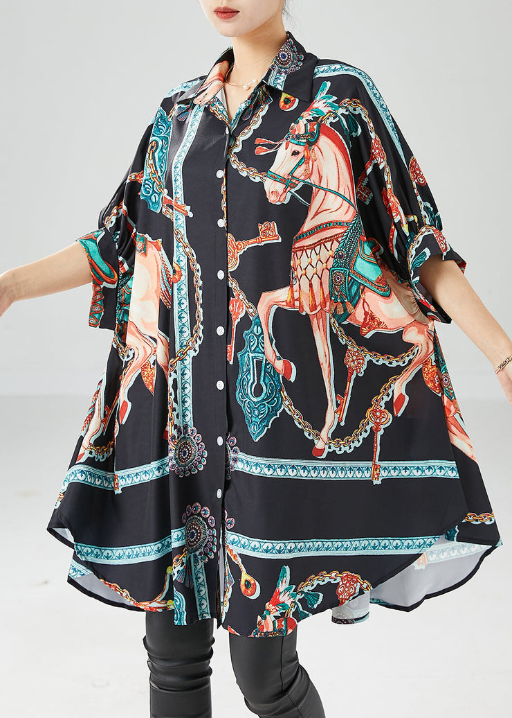 Black Print Silk Vacation Dresses Oversized Draping Batwing Sleeve