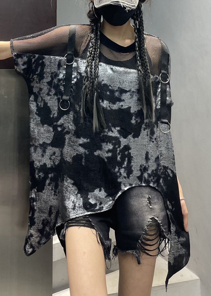 Black Print Tulle Patchwork T Shirts Summer