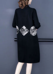 Black Print Warm Cashmere Sweater Dress Stand Collar Long Sleeve