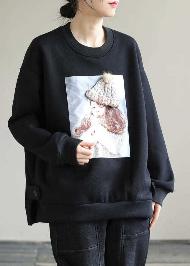 Black Print Warm Fleece Loose Pullover Sweatshirt O-Neck Winter