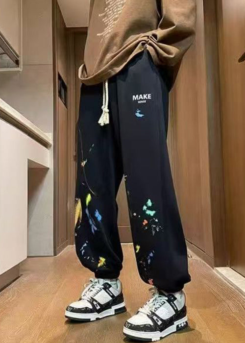 Black Print Warm Fleece Spring Men Beam Pants Elastic Waist