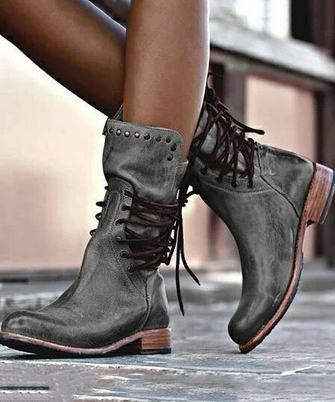 Black Rivet Boots Faux Leather Unique Lace Up Boots