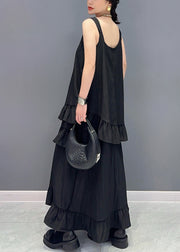 Black Ruffled Patchwork Cotton Long Dresses U Neck Summer