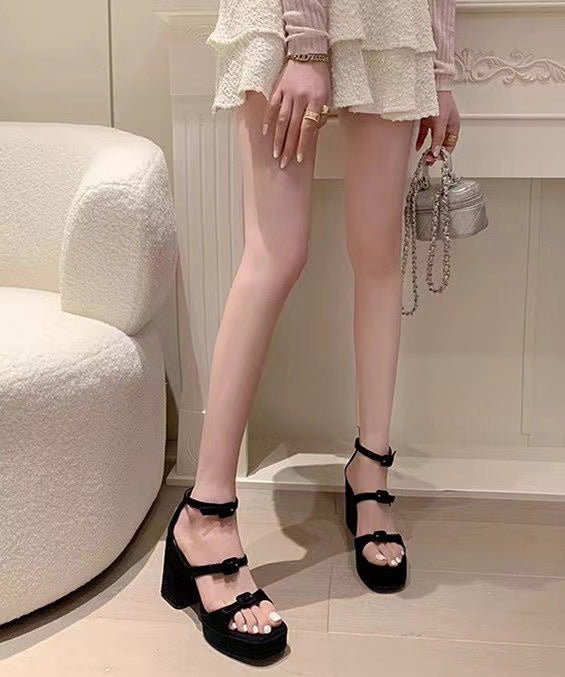 Black Sandals Chunky Heel Suede Comfy Hollow Out Sandals