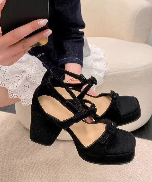 Black Sandals Chunky Heel Suede Comfy Hollow Out Sandals