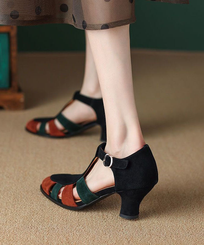 Black Sandals Chunky Heel Suede Elegant Splicing Buckle Strap