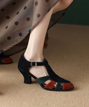 Black Sandals Chunky Heel Suede Elegant Splicing Buckle Strap