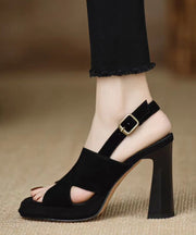 Black Sandals High Heel Sheepskin Women Splicing Peep Toe Buckle Strap