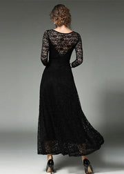 Black Sashes Patchwork Slim Fit Lace Long Dresses O-Neck Bracelet Sleeve