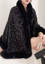 Black Sequins Patchwork Warm Fleece Cape Coat Fur Collar Winter