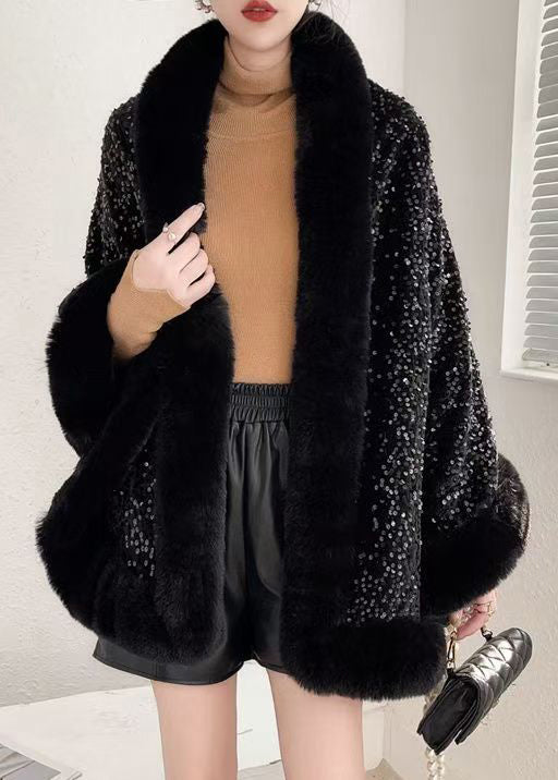 Black Sequins Patchwork Warm Fleece Cape Coat Fur Collar Winter