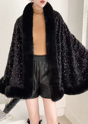 Black Sequins Patchwork Warm Fleece Cape Coat Fur Collar Winter