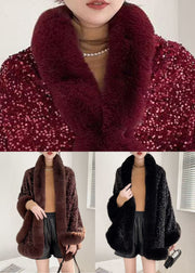 Black Sequins Patchwork Warm Fleece Cape Coat Fur Collar Winter