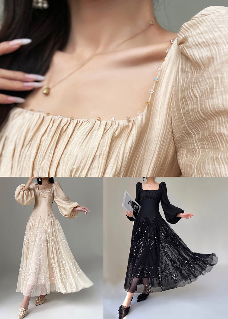 Black Sequins Silk Long Dresses Square Collar Lantern Sleeve