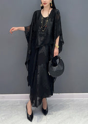 Black Side Open Silk Maxi Dress Batwing Sleeve