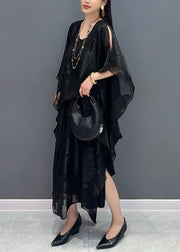 Black Side Open Silk Maxi Dress Batwing Sleeve