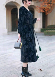 Black Side Open Silk Velvet Long Dress V Neck Winter