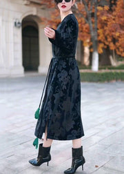 Black Side Open Silk Velvet Long Dress V Neck Winter