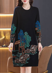 Black Side Open Wool Knit Dresses O Neck Long Sleeve