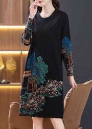 Black Side Open Wool Knit Dresses O Neck Long Sleeve