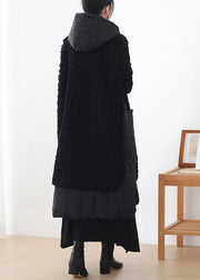 Black Side Open Woolen Cotton Hooded Waistcoat Sleeveless