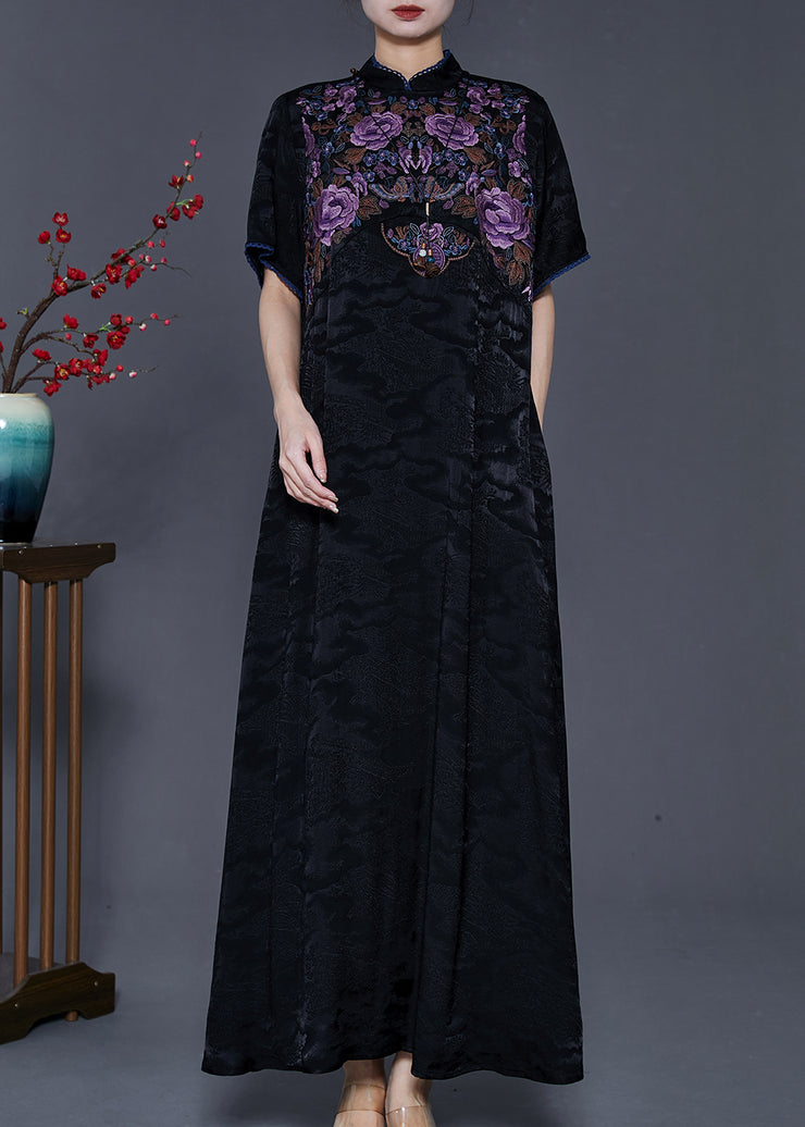 Black Silk Oriental Dresses Mandarin Collar Embroidered Summer