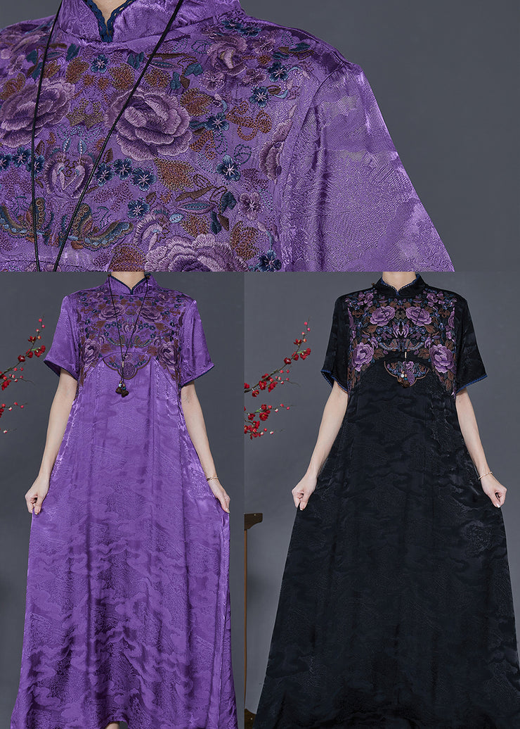 Black Silk Oriental Dresses Mandarin Collar Embroidered Summer