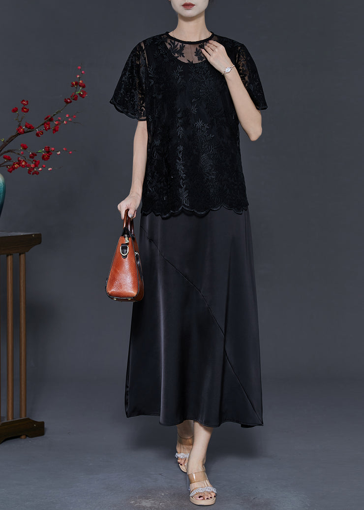 Black Silk Party Dress Women Sets 2 Pieces Embroidered Summer