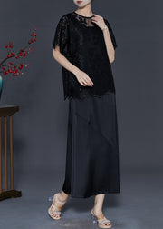 Black Silk Party Dress Women Sets 2 Pieces Embroidered Summer